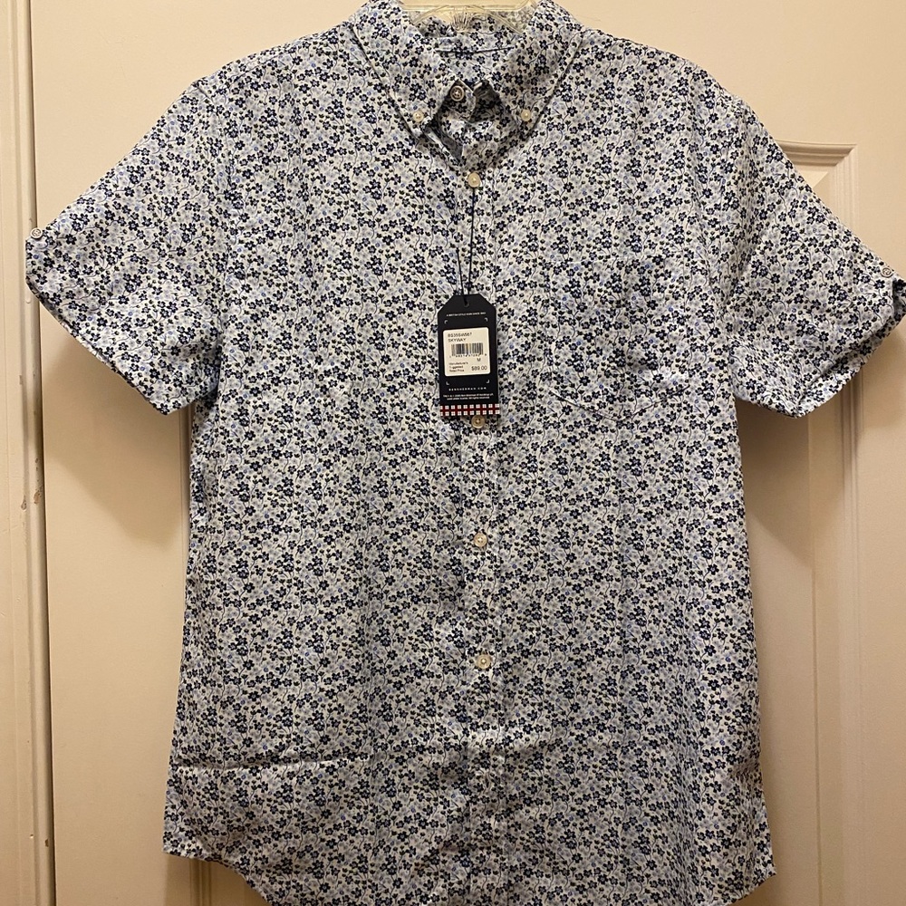 Ben Sherman White and Blue Patterned Short Sleeve Shirt